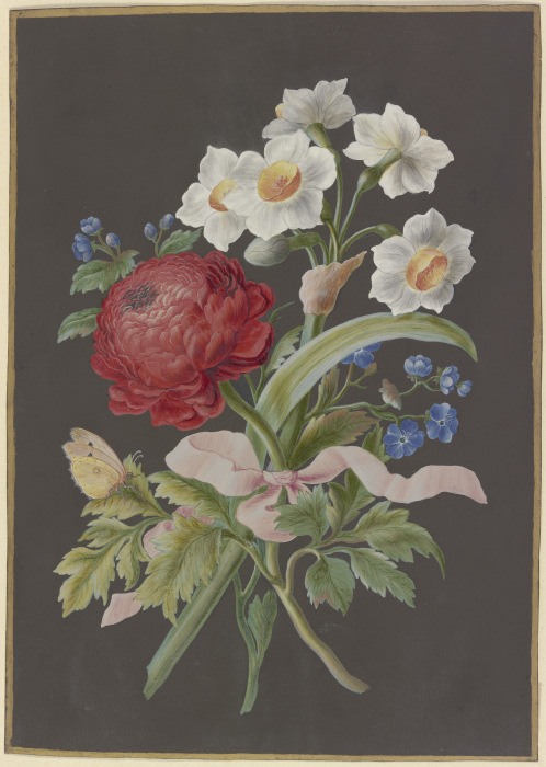 Blumengebinde mit roter Ranunkel (Ranunculus), weißer Tazette (Narcissus tazetta) und blauer Blume ( de Barbara Regina Dietzsch