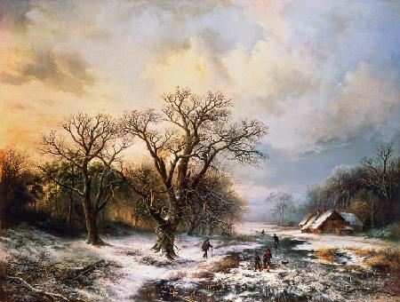 Winter landscape with ice-skaters and brushwood co