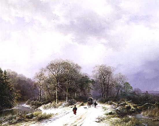 On the Way to Market, 19th century 99;landscape; winter; snow; snowy; countryside; tree; road; figur de Barend Cornelis Koekkoek