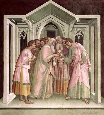 Judas Receiving Payment for his Betrayal, from a series of Scenes of the New Testament (fresco) de Barna  da Siena