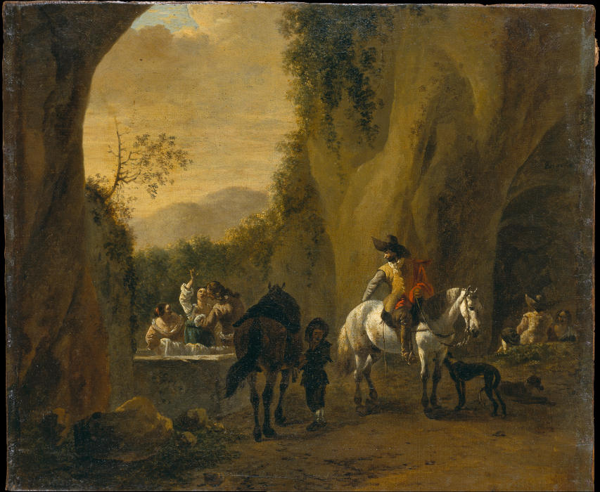 Landscape with Well at a Cave Entrance with Riders Resting and Women Doing Laundry de Bartholomeus Engels