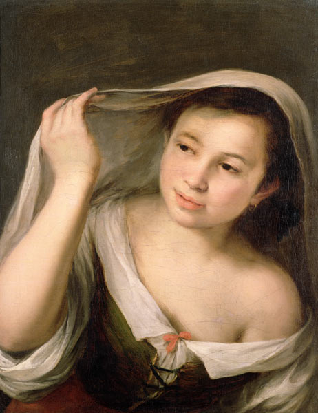 A young girl raising her veil de Bartolomé Esteban Perez Murillo
