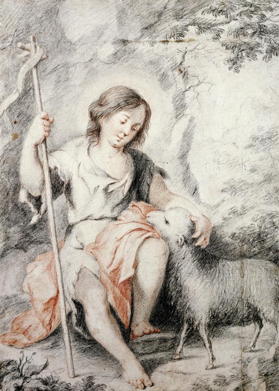 The Young John the Baptist with the Lamb in a Rocky Landscape (red and black chalk on paper) de Bartolomé Esteban Perez Murillo