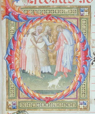 Ms 518 f.1r Historiated initial 'O' depicting Tobias and the Angel (vellum) de Bartolomeo di Frusino