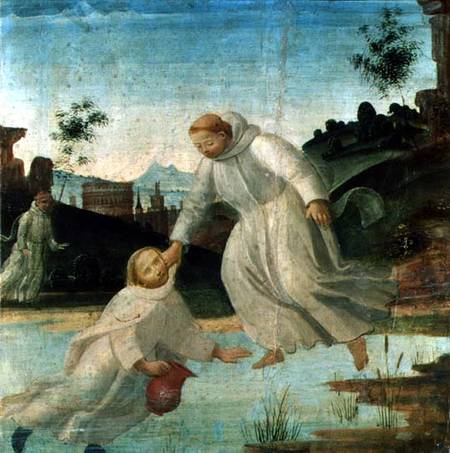 Scenes from the Life of St. Benedict: Maurus, on the instruction of St. Benedict, pulls Placidus fro de Bartolomeo  di Giovanni