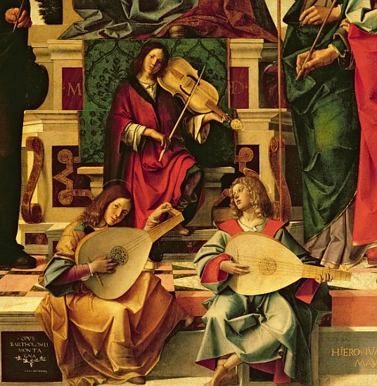 Detail of angel musicians from a painting of the Virgin and Child on a throne between St Andrew, St  de Bartolomeo Montagna