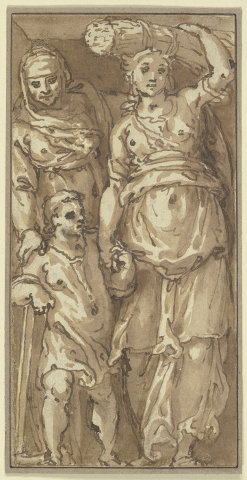 Eine alte und eine junge Frau, ein Getreidegarbe auf den Kopf tragend, mit einem Kind, das sich auf  de Bartolomeo Passarotti