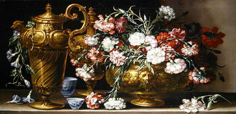 Still Life with Pinks in a case and a Florentine ewer on a ledge (oil on canvas) de Bartolommeo Bimbi