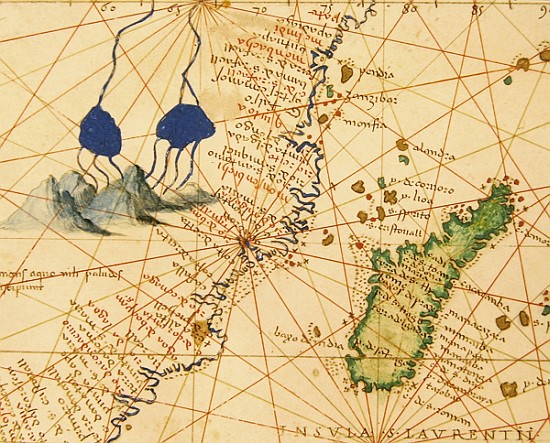Madagascar, from an Atlas of the World in 33 Maps, Venice, 1st September 1553(detail from 330955) de Battista Agnese