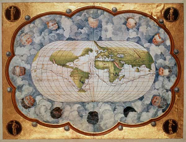 Map tracing Magellan''s world voyage, once owned Charles V, 1545  (see also 63417) de Battista Agnese