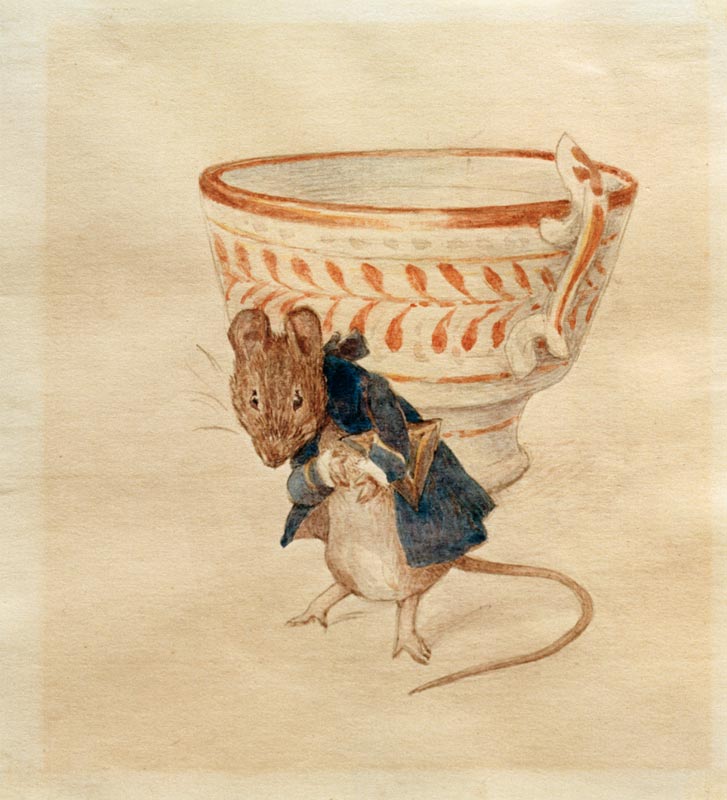 Herr Maus verneigt sich vor einer Teetasse de Beatrix Potter