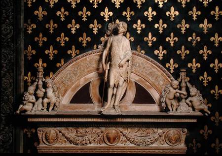 St. John the Baptist flanked by two candlesticks, from a door frame in the Sala dei Gigli de Benedetto  da Maiano