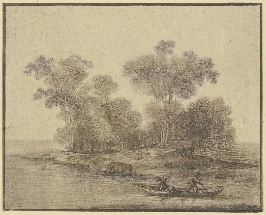 Ein Kahn mit einem stehenden und einem sitzenden Mann vor einer bewaldeten Insel de Benjamin Calau