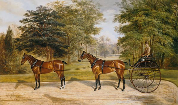 Two horses, harnessed in tandem, pulling a carriage de Benjamin Cam Norton