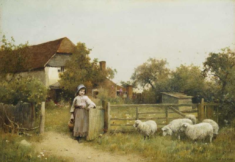 Junges Mädchen mit Schafen vor Hütte. de Benjamin D. Sigmund