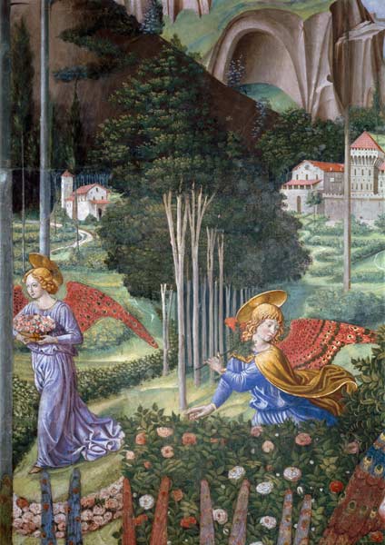 Angel gathering flowers in a heavenly landscape, detail from the Journey of the Magi cycle in the ch de Benozzo Gozzoli