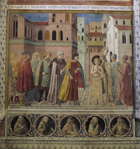 Der Heilige Franz von Assisi sagt sich von seinem Vater los und begibt sich in den Schutz des Bischo de Benozzo Gozzoli