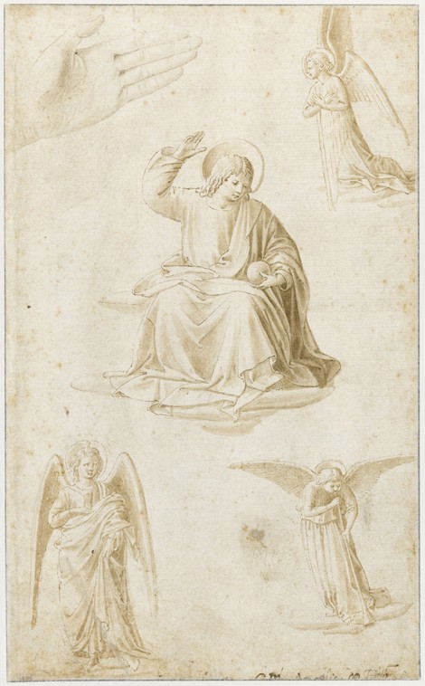Studies of a hand, three angels and Christ as Salvator Mundi de Benozzo Gozzoli