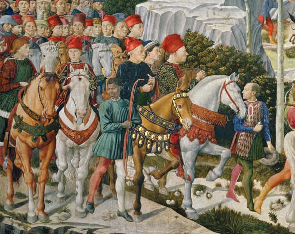 Galeazzo Maria Sforza, Duke of Milan (1444-76), extreme left, on a brown horse and Sigismondo Pandol de Benozzo Gozzoli
