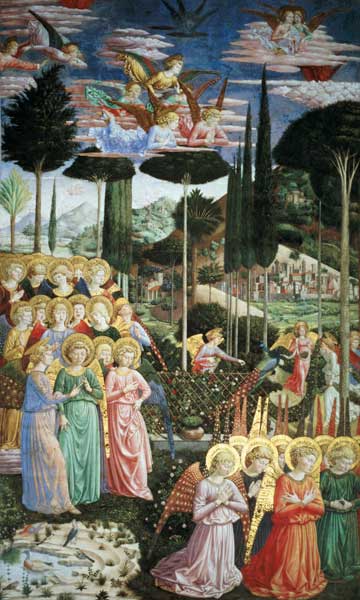 Angels in a heavenly landscape, the left hand wall of the apse from the Journey of the Magi cycle in de Benozzo Gozzoli