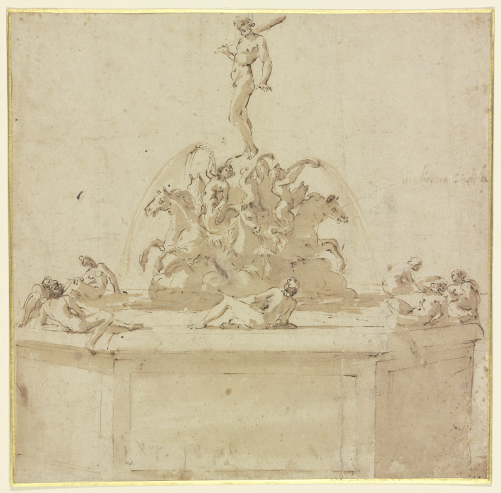 Ein Brunnen, über einer Gruppe von auf Pferden reitenden Tritonen steht Herkules, auf dem Brunnenran de Benvenuto Cellini