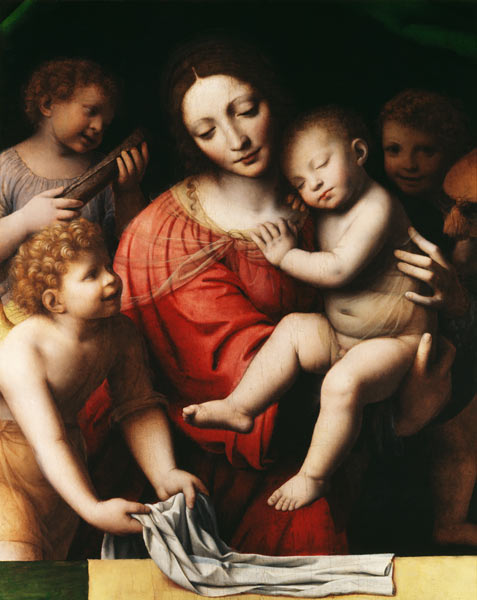 The sleeping Jesus, or Madonna holding the sleeping Child, accompanied by three angels de Bernardino Luini