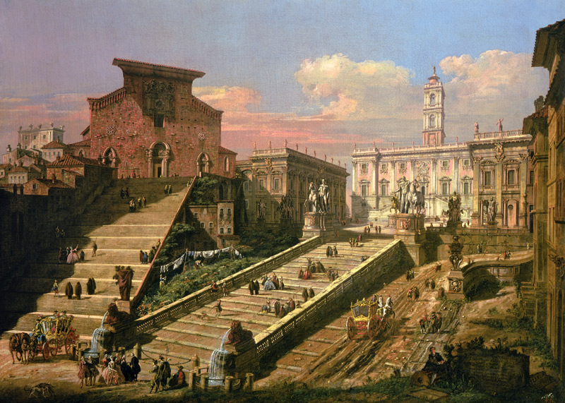The Piazza del Campidoglio and the Church of S. Mario d'Aracoeli, Rome (oil on canvas) de Bernardo Bellotto