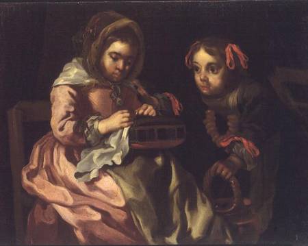 Two Girls Sewing de Bernardt Keil or Keyl
