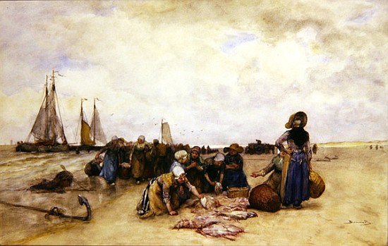 Fish Sale on the Beach de Bernardus Johannes Blommers or Bloomers