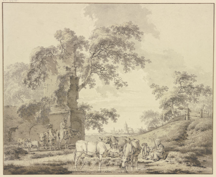 Bei Ruinen ein Hirte zu Pferde in Unterhaltung mit einem zu Fuße, vorne eine Hirtin mit einigem Vieh de Bernhard Heinrich Thier