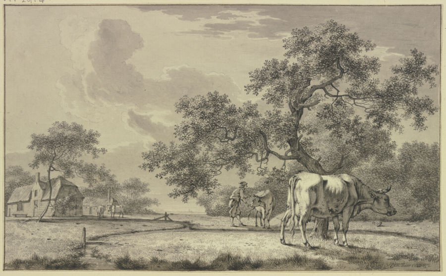 Unter einem Baum ein Bauer bei zwei Kühen de Bernhard Heinrich Thier