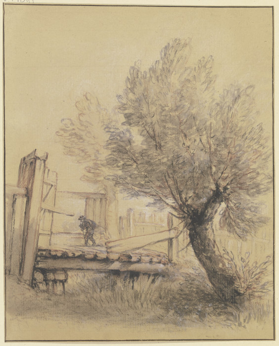 Weidenbaum bei einer Holzbrücke, über die ein Mann schreitet de Bernhard Rode