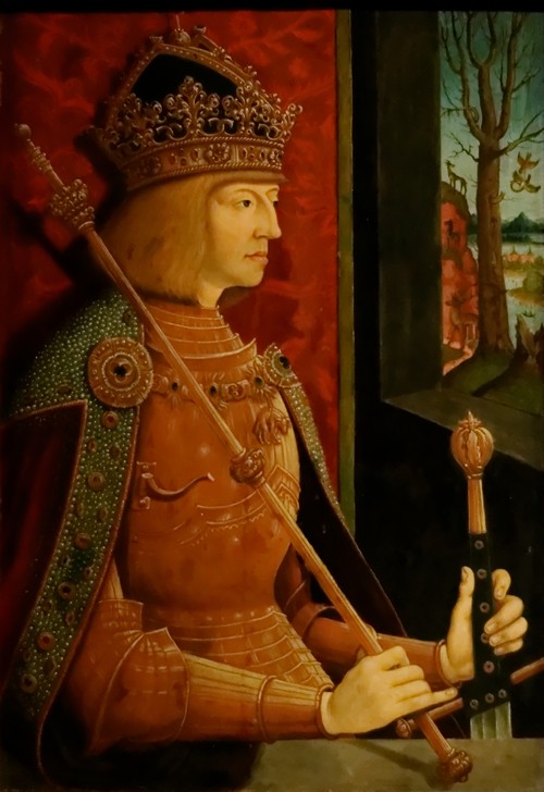 Emperor Maximilian I (1459-1519), with crown, sceptre, and sword de Bernhard Strigel