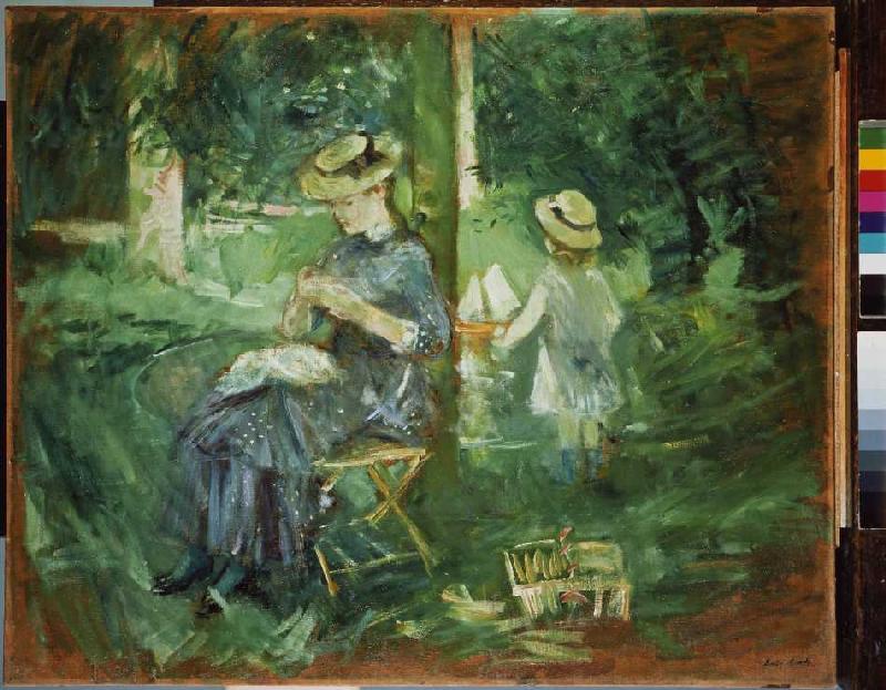 Young woman in the garden doing needlework de Berthe Morisot
