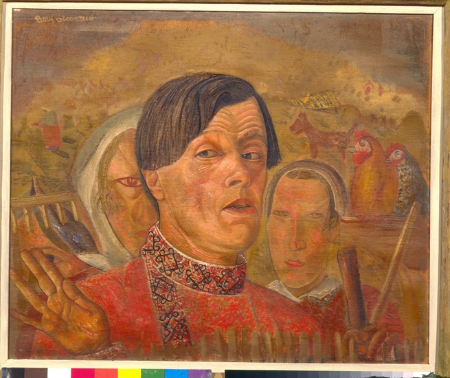 Self-portrait with  the cock and the hen de Boris Dimitrijew. Grigorjew