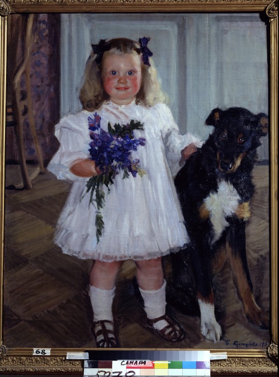 Portrait of the daughter Irina with the dog Shumka de Boris Michailowitsch Kustodiew