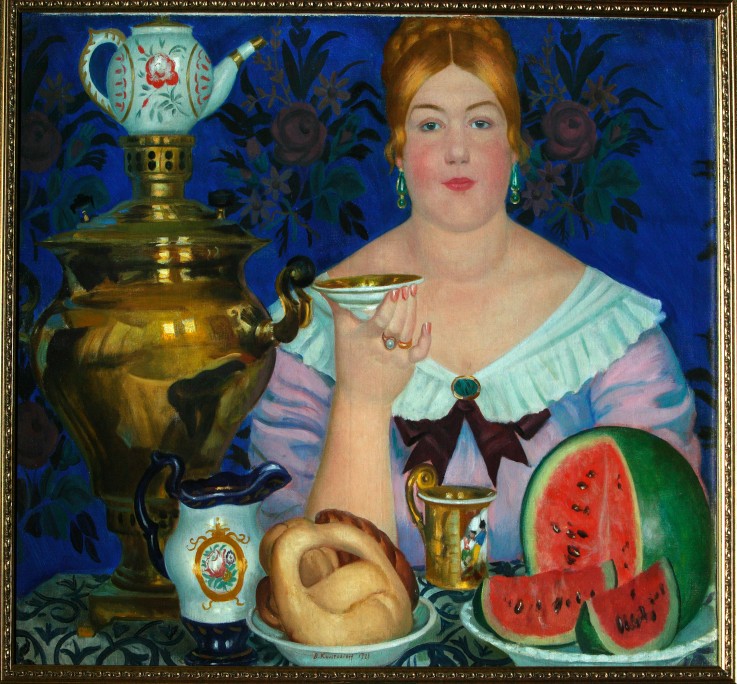 The Merchant's Wife Drinking Tea de Boris Michailowitsch Kustodiew
