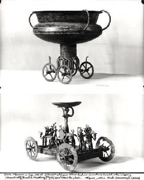 Two votive chariots for collecting rainwater: Top - cup supported on four wheels from the Peccatel t