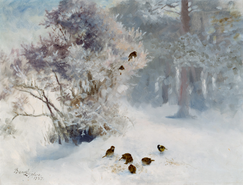 Birds Feeding in the Snow de Bruno Andreas Liljefors