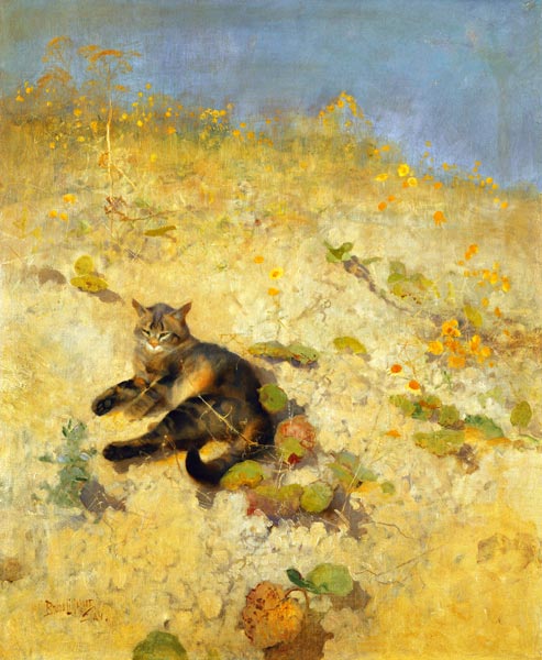 Eine sich sonnende Katze de Bruno Andreas Liljefors