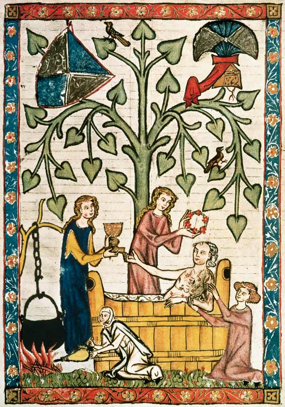 Jakob von Warte im Badezuber, von Damen umsorgt de Buchmalerei