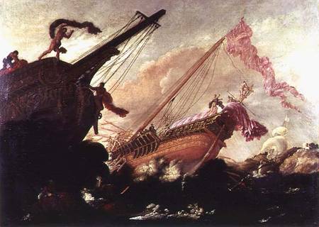 Galleons wrecked on a rocky shore de Buonamico Agostino Tassi