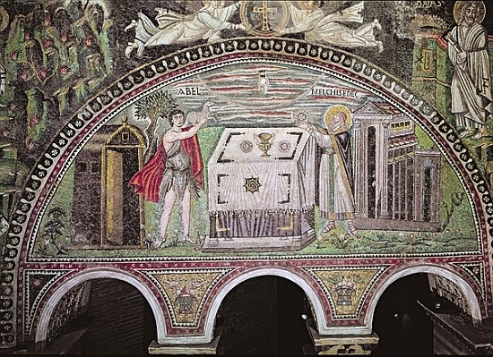 Abel offering a lamb and Melchisedech offering bread at the Altar, lunette on the South wall of the  de Byzantine School