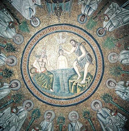 Baptism of Christ, surrounded by the Twelve Apostles de Byzantine School