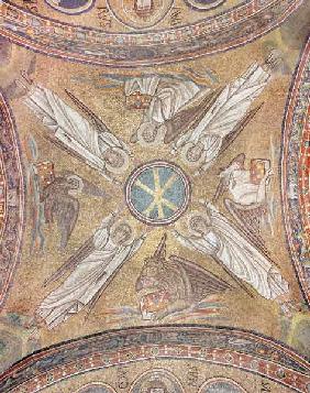 Four angels with the symbols of the evangelists surrounding the chi-rho monogram of Christ, from the