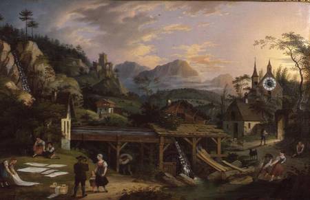 Picture Clock with scene of an Alpine village landscape with clock mechanism in church tower de C. L. Hoffmeister