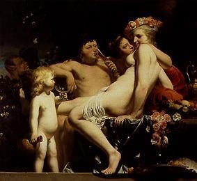 Bacchus con dos ninfas y Amor de Caesar Boëtius Everdingen