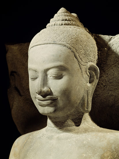 Buddha in Meditation on the Naga King, Mucilinda, detail of Buddha's head, from Preah Khan, Bayon st de Cambodian