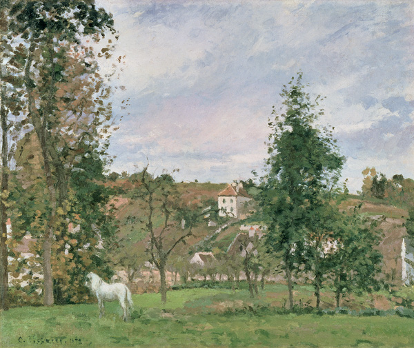 Landscape with a white horse on a meadow, L, ' Her de Camille Pissarro
