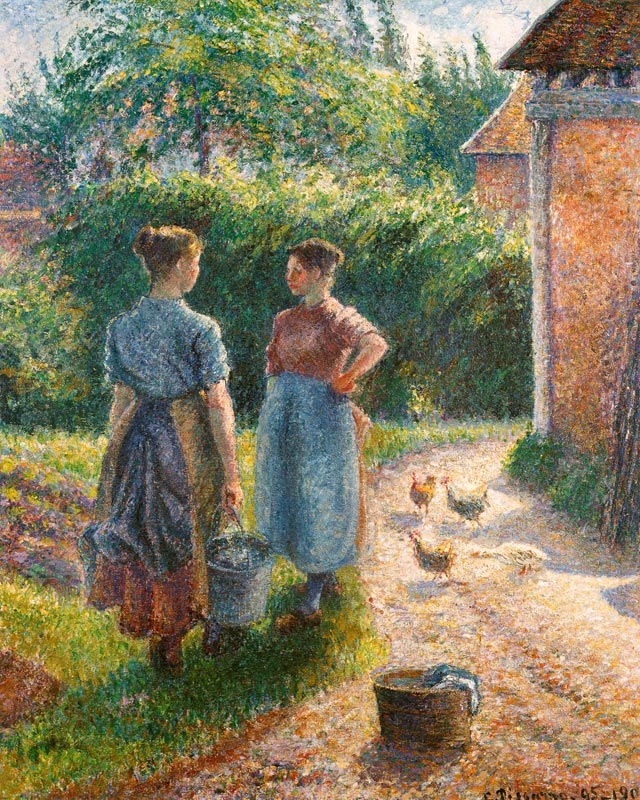 Talking smallholder girls on the farm, Eragny de Camille Pissarro